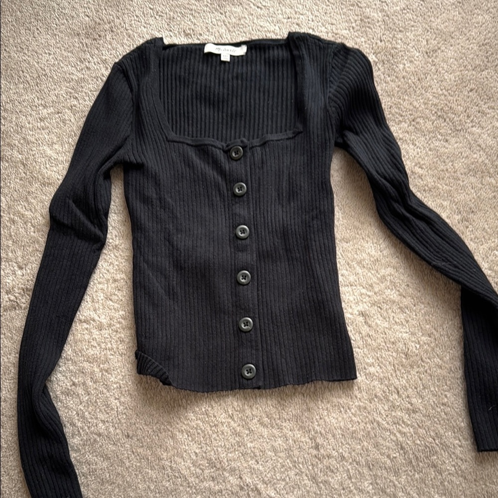 Black Ribbed Button-Up Cardigan